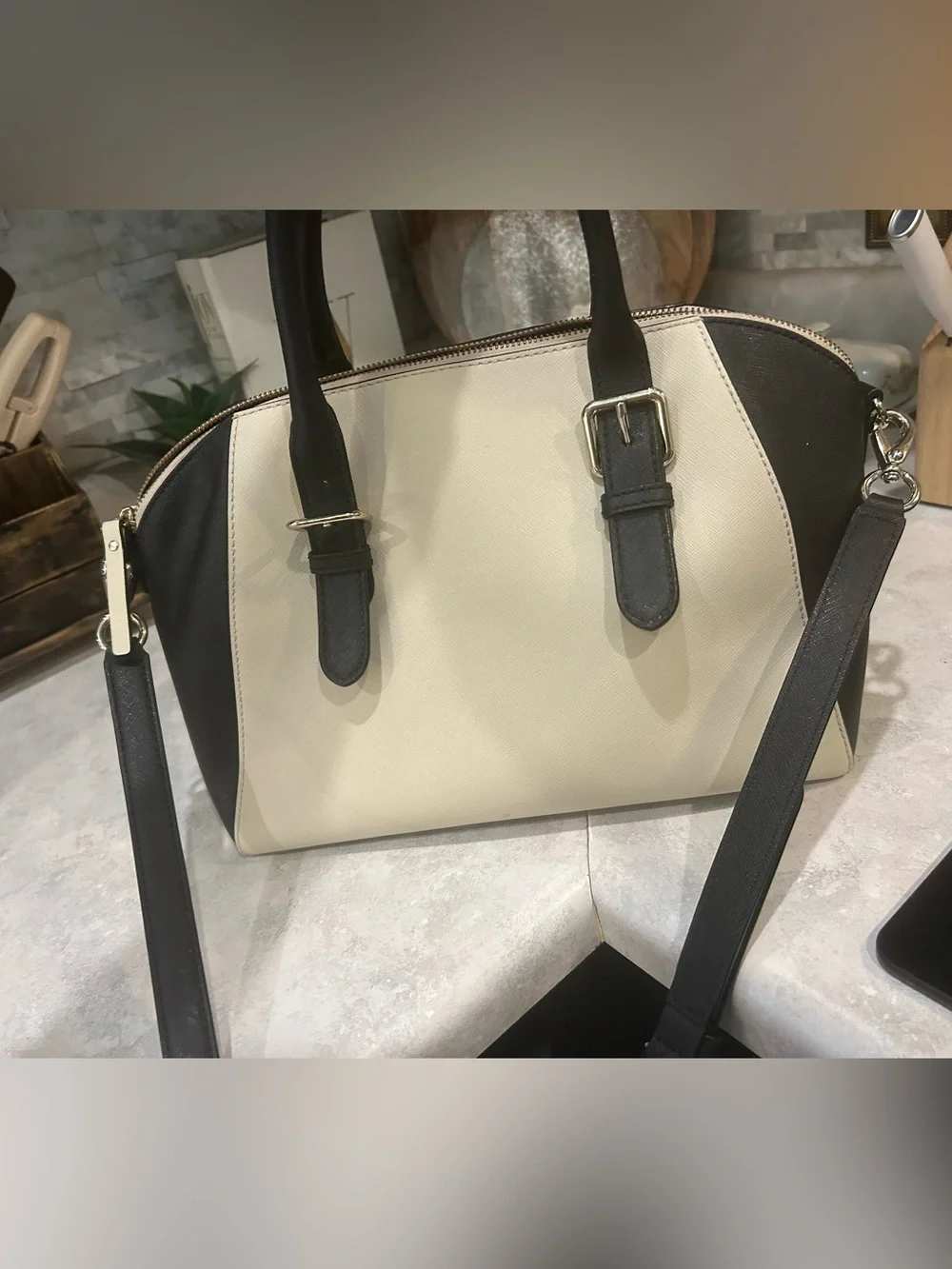 Kate Spade New York Black Cream Colorblock Satchel Crossbody Bag Quiet Luxury